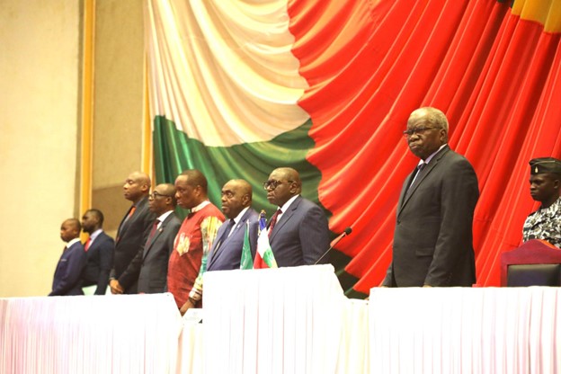 [The high table at the official launch of the 2024 edition of the September African Amnesty Month for the voluntary surrender and destruction of illicit weapons. From Right to Left: President of the CAR National Commission on SALW, Head of the CAR DDR Program, UNREC Director, RECSA Executive Secretary, Director of MINUSCA DDR, CEMAC Representative, Chair of the African Union Peace and Security Council, CAR State Minister in charge of DDR.]